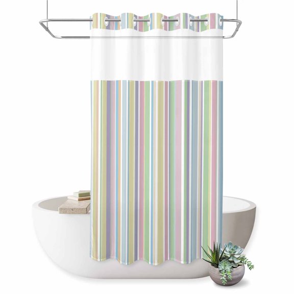 No Hook Shower Curtain, Colorful Striped Shower Curtains for Bathroom with See Through Top Window, Farmhouse Rainbow Color Stripes Waterproof & Washable Bath Curtain Narrow 54"x78"