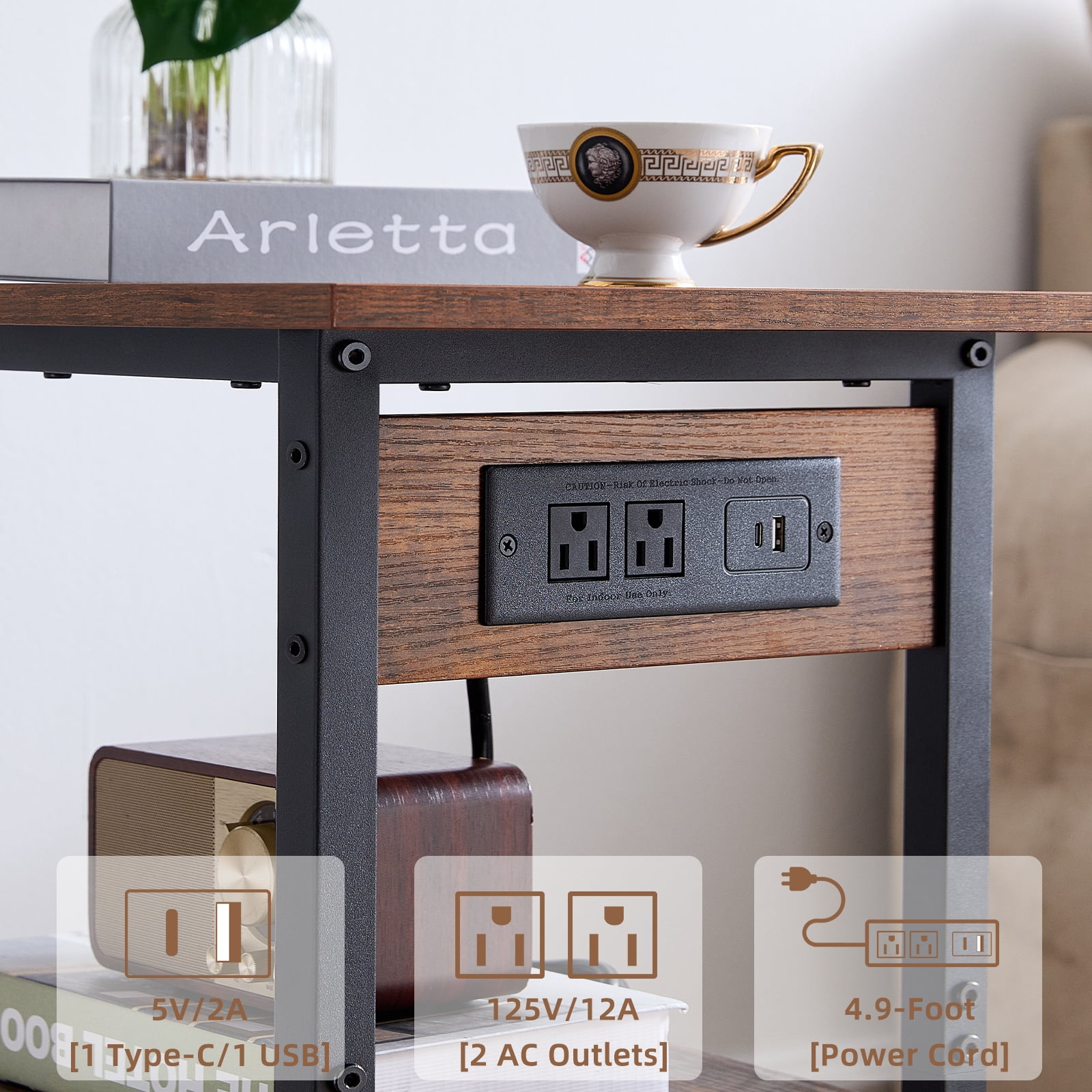 Leyaoyao 3-Tier Mobile Printer Stand, Rolling Cart with Power Outlets and USB Ports, Home Printer Stand with Wheels for Home, Office, Brown