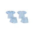 thumbnail image 3 of Aojekbee Little Girl Ribbed Set, Daisy Embroidery Patchwork Mesh Short Sleeve Tops Bow Shorts Toddler Summer Outfits, 3 of 10
