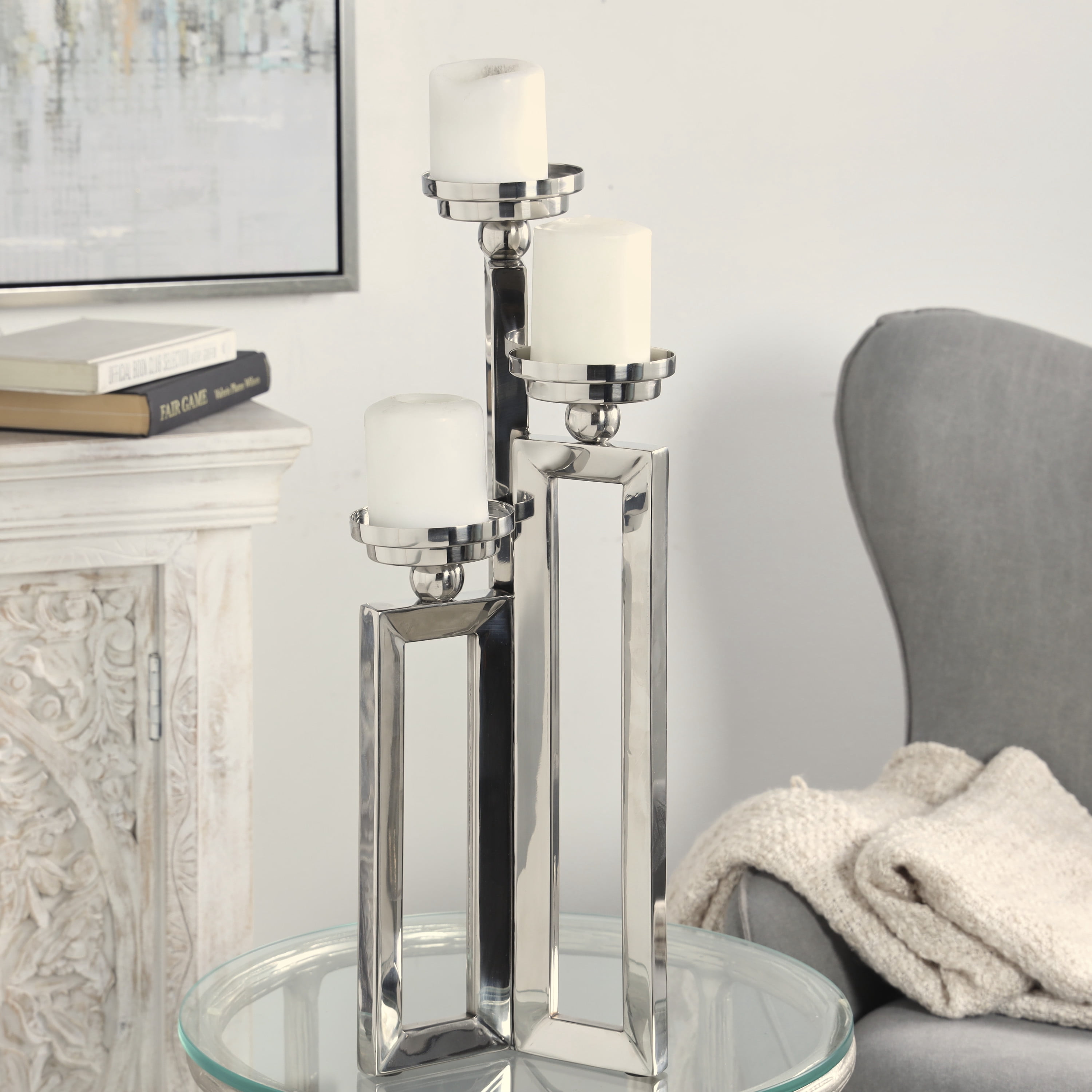 DecMode 3 Holder Silver Stainless Steel Geometric Open Frame Candelabra with Various Rectangles