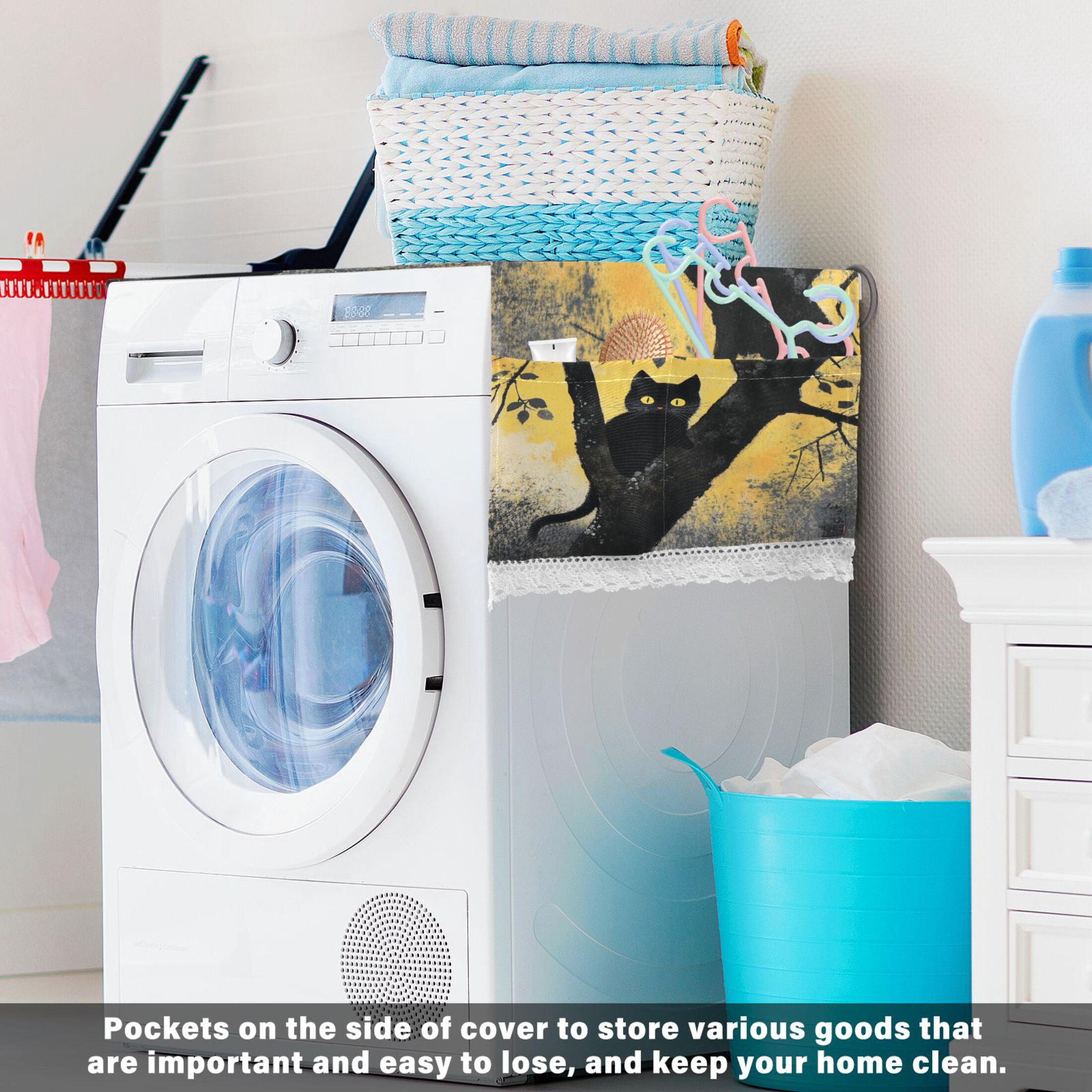 Black CatWasher and Dryer Covers Dust-Proof and Oil Resistant Fridge Cover with 4 Storage Pockets Washing Machine Top Cover for Laundry Kitchen Home 51.2 x 22 In