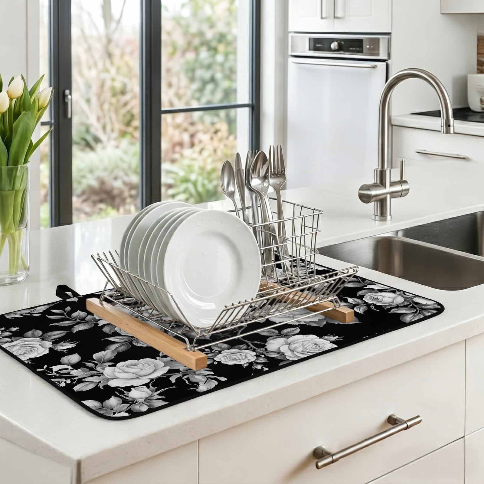 Black Rose Stove Top Cover for Electric Stove, Heat-proof & Non Slip Glass Top Stove Cover Protector, Vintage Pastoral Botanical Floral Leaves Vines Kitchen Flat Cooktop Rubber Mat 31x24 Inches