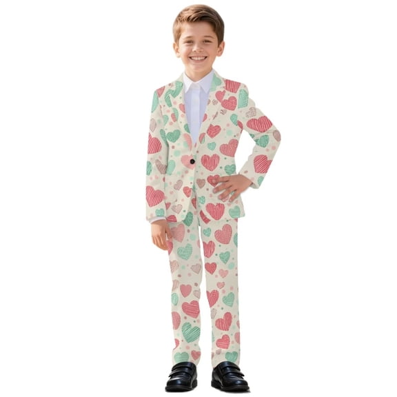 Xoenoiee Heart Love Stripe Print Boys' Formal Suit 2 Piece Set Blazer Set Valentine's Day Toddler Tuxedos for Wedding, Suits for Teens Boy Dress School Clothes, 5-6 Years