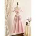 thumbnail image 2 of Elegant Satin Off Shoulder Dress With Pearl Trim In Pink, 2 of 6
