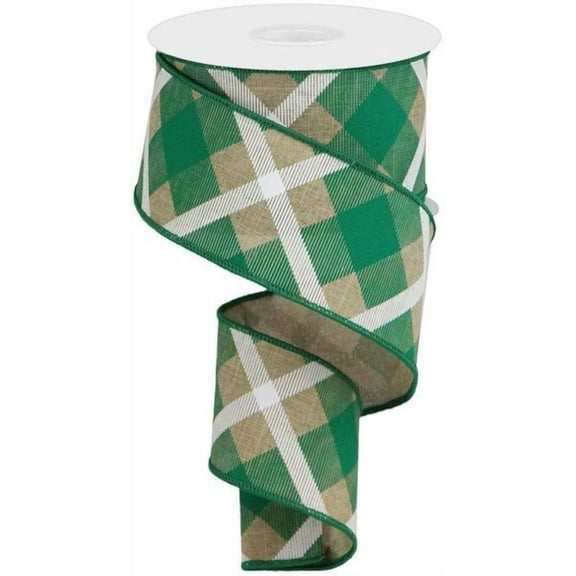 Plaid Canvas Wired Edge Ribbon, 10 Yards Light Beige, Green, White, 2.5"