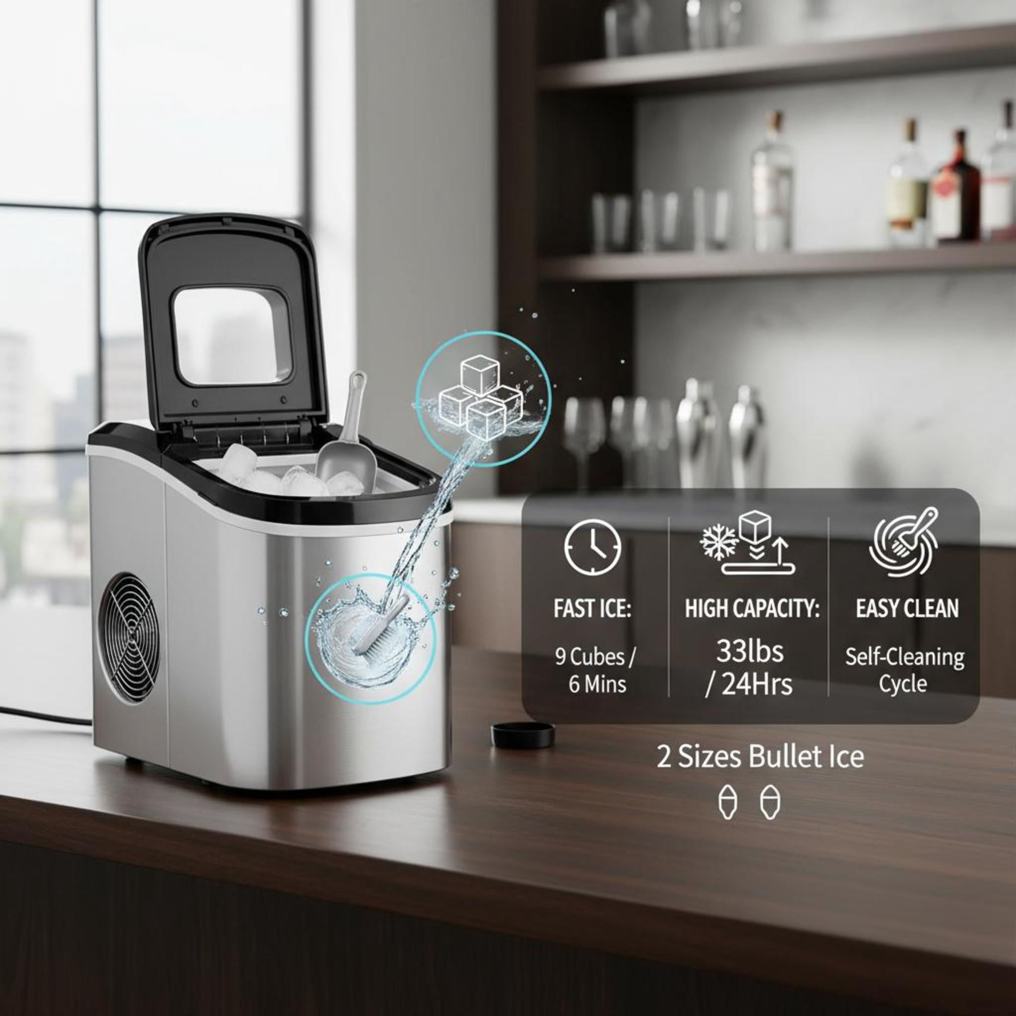 Countertop Bullet Ice Maker, 33 lbs/24H Portable Ice Machine, 9 Cubes Ready in 6 Mins, 2 Ice Sizes, Self-Cleaning Ice Maker with Scoop & Basket, Quiet ≤45dB for Home Kitchen Office Bar Party