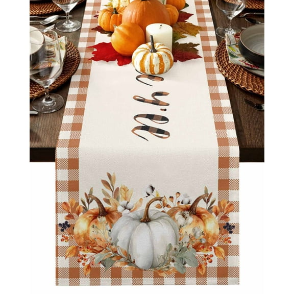 Fall Table Runner Thanksgiving Harvest Pumpkin Table Runners Happy Fall Y'all Cotton Linen Dresser Scarf Kitchen Dining Table Decor for Fall Holiday Party Decor 13x90 Inch