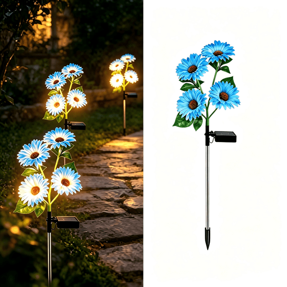 Fegute 69cm Solar Powered Daisy Garden Stake Lights Plastic Outdoor Decorative Landscape Lighting Waterproof Ambient Light for Gardens Patios Courtyards Pathways Blue,