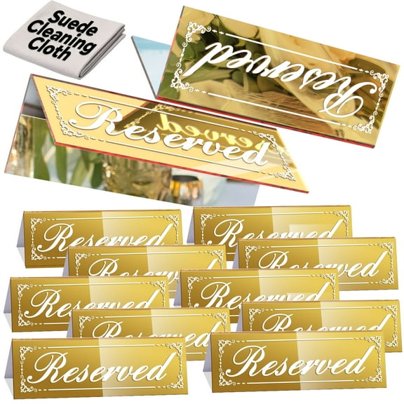Framokoko 12 Pcs Mirrored Reserved Table Signs, Double Sided Table Tent Signs with Suede Cloth, Reservation Seat Indicators for Wedding Restaurant Ceremony Party Banquet (Gold 6"x2")