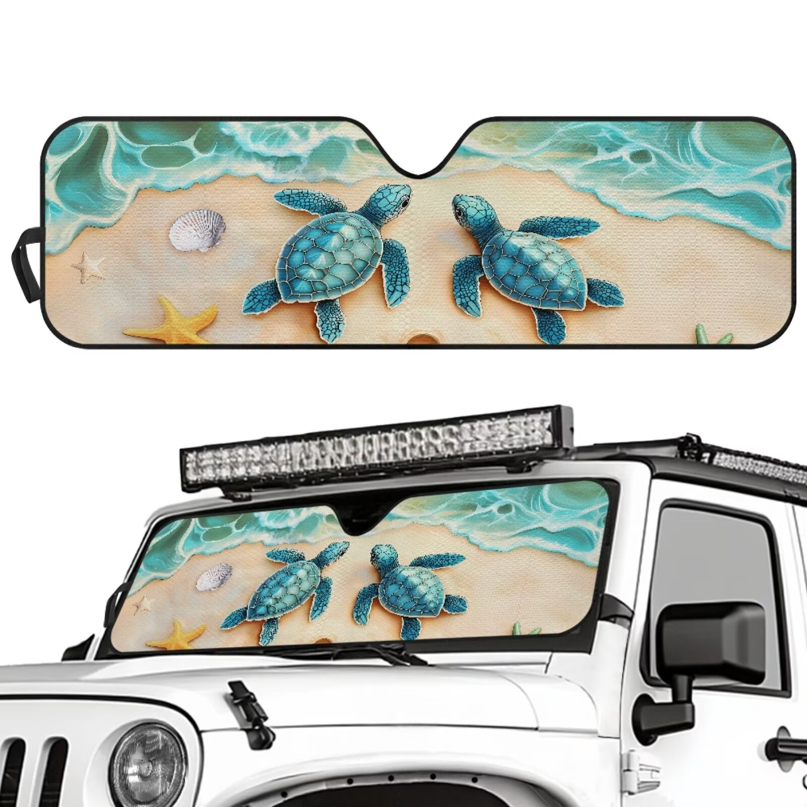 Uorisanigo Windshield Sun Shade for Jeep Wrangler JK JKU JL JLU 1997-2023 & Jeep Gladiator JT 2020-2023, Foldable Beach Turtle Printed Windshield Sunshade Sun Visor Blocks UV Rays