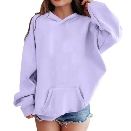Zecgelong Girls Hooded Sweatshirts Oversized Pullover Long Sleeve Hoodies Solid Color Loose Casual Tops Purple 11-12 Years