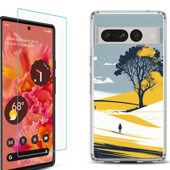 Shockproof Bumper Phone Case for Google Pixel 7, with Tempered Glass Screen Protector, by OneToughShield ® - Tree on Hill