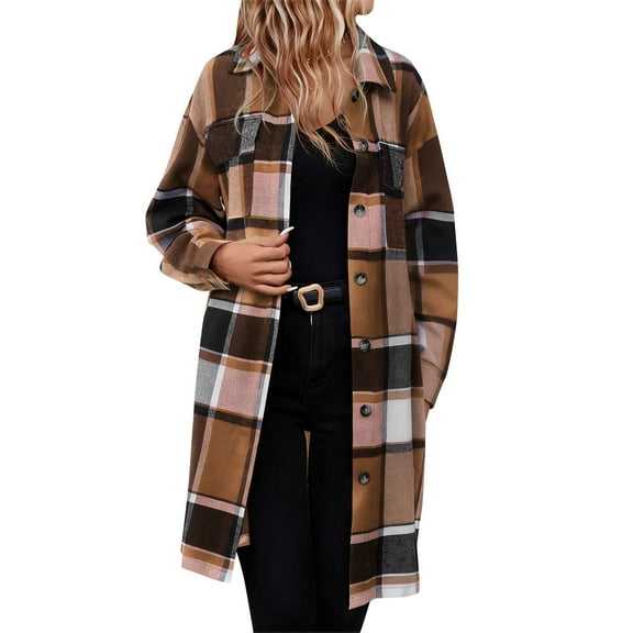 CHUMUD Womens Flannel Long Plaid Shacket Jacket Long Sleeve Lapel Boyfriend Button Down Coats Fall Winter Fashion Outfits