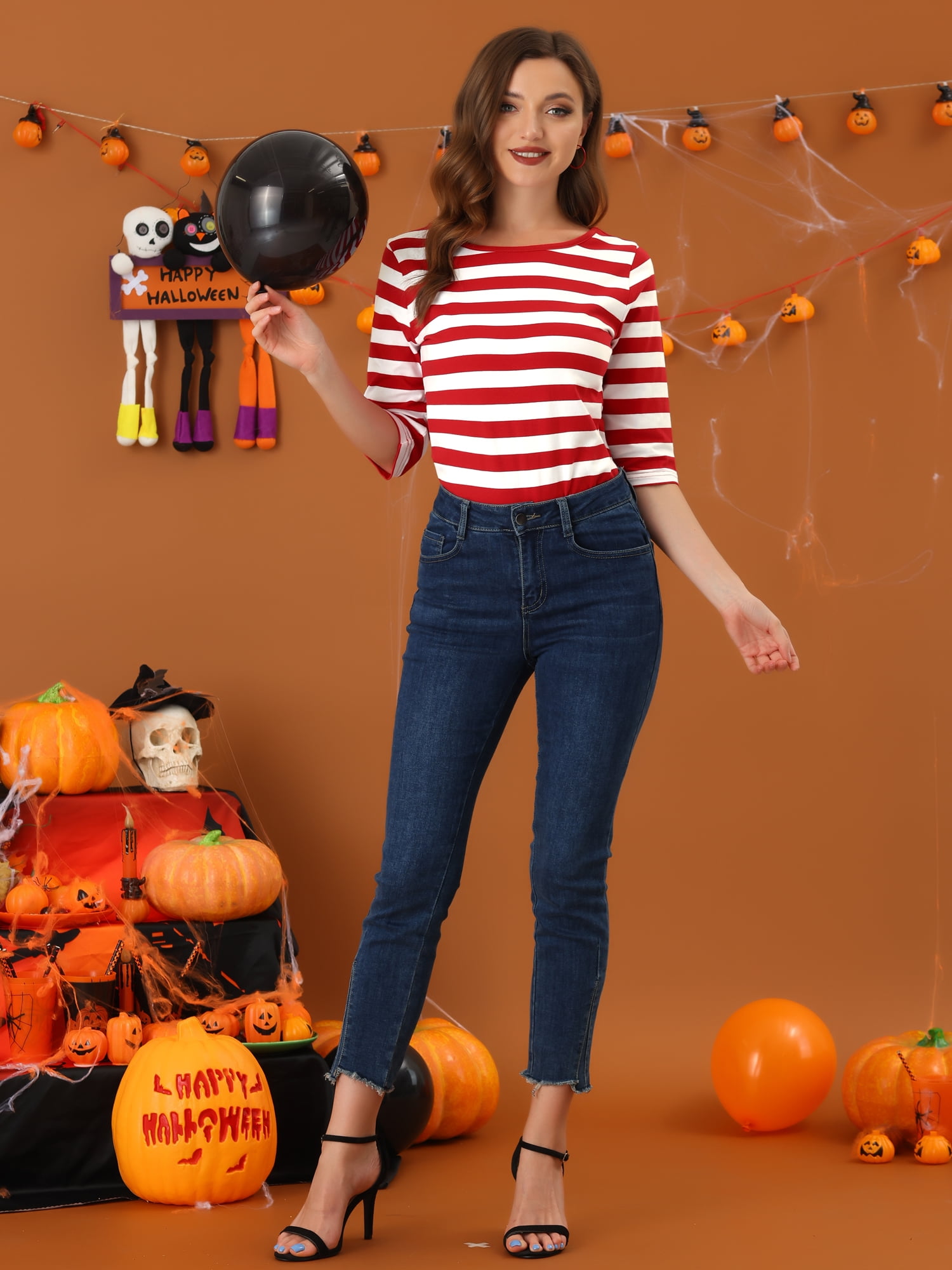 Unique Bargains Women's Halloween Costume 1/2 Sleeve Round Neck Floral Top 2XL Red White