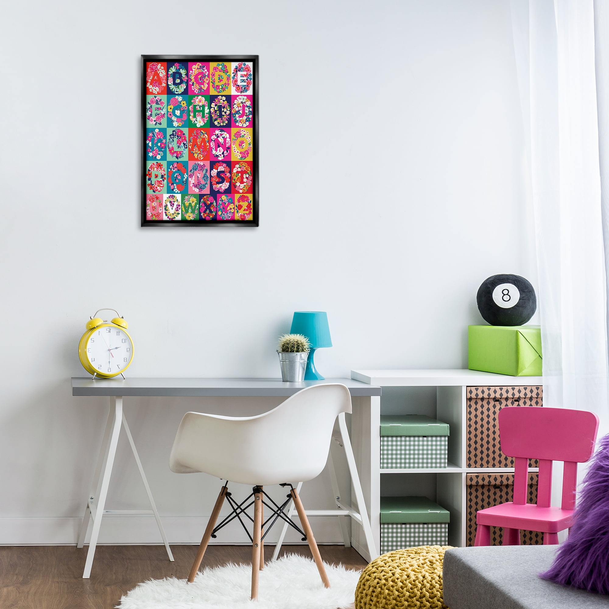 Stupell Industries Energetic Blooms Alphabet Plants & Flowers Painting Black Floater Framed Canvas Art Print Wall Art, 17 x 25