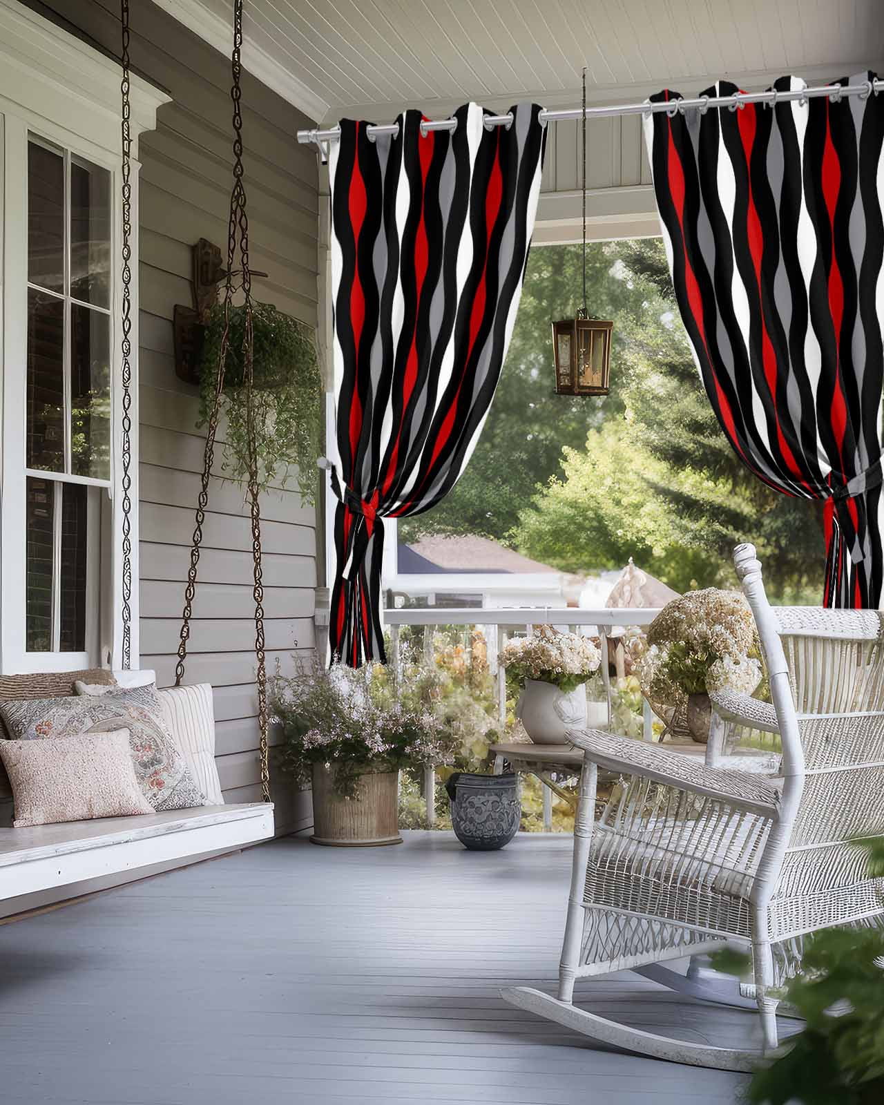 Outdoor Curtains for Patio Red Grey Black and White Geometric Striped Waterproof Privacy Outside Curtains with Tiebacks Grommet Top Pergola Curtains for Porch Cabana Gazebo 2 Panels, 54x108 inch