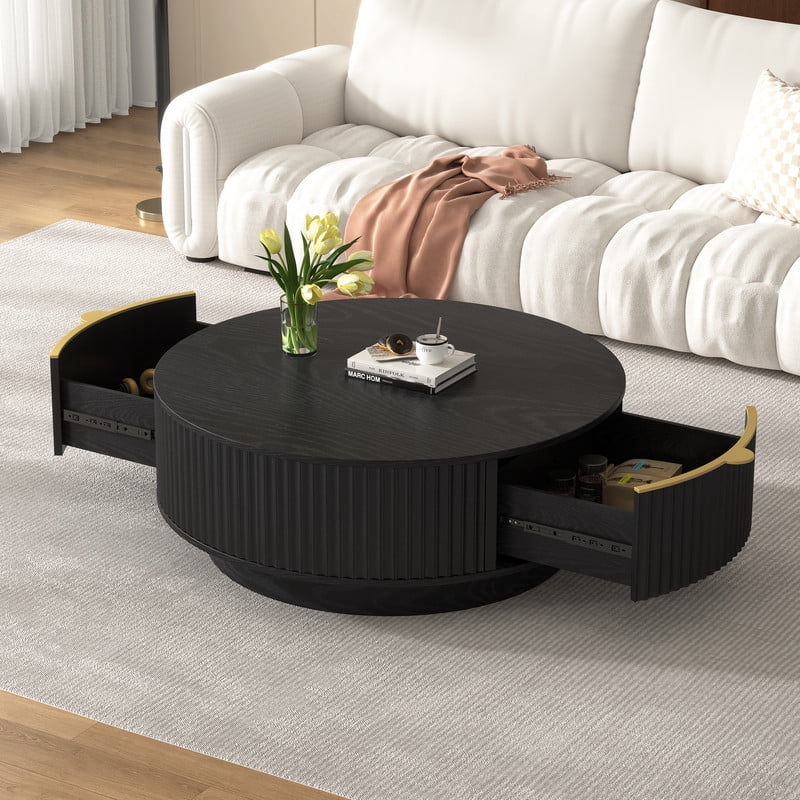 Farmhouse 35.4'' Round Wood Coffee Table with 2 Storage Drawers, Fluted Design Accent Cocktail Center Table