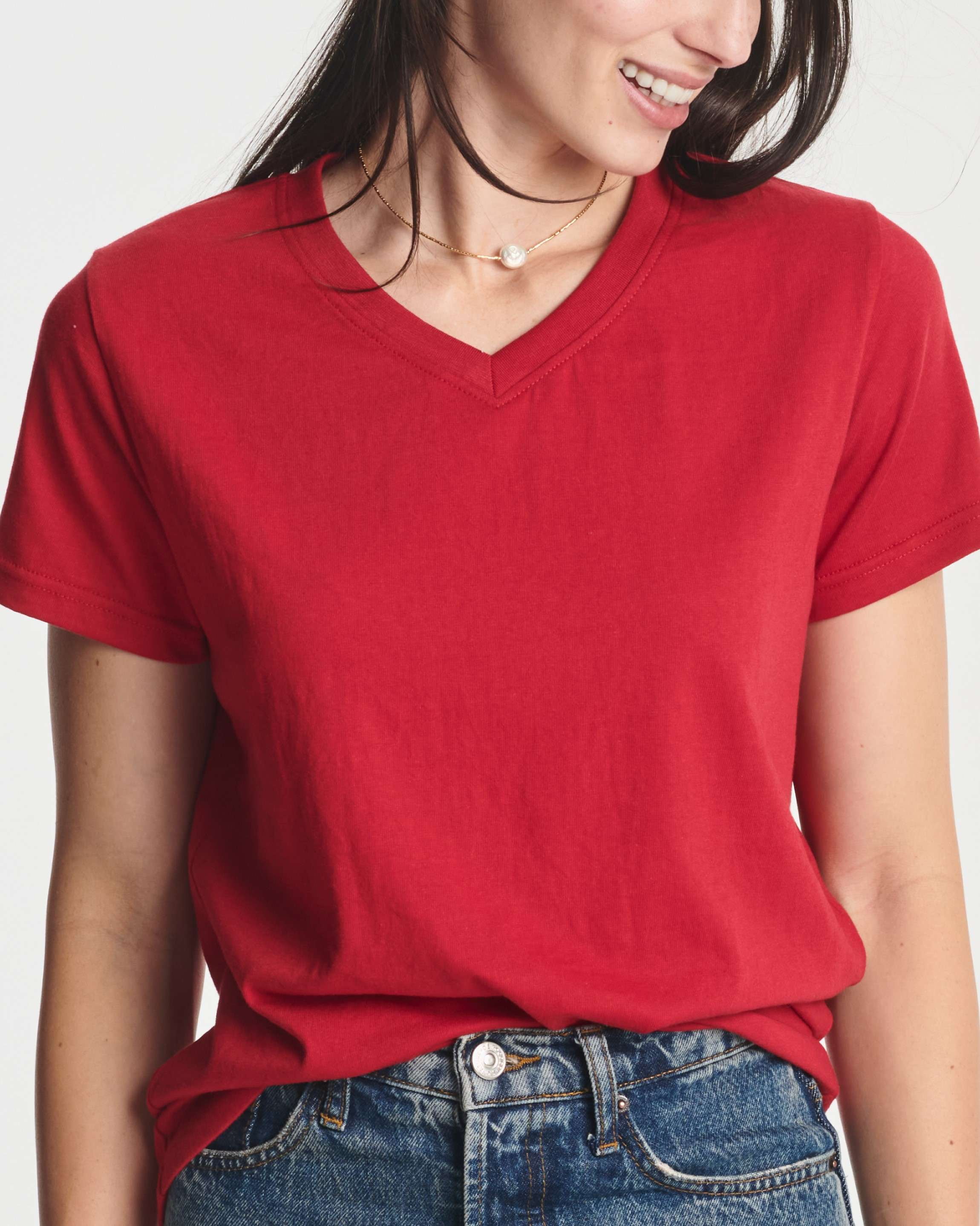 Real Essentials 4 Pack: Women's Classic-Fit Cotton Short-Sleeve V-Neck T-Shirt (Available in Plus Size)