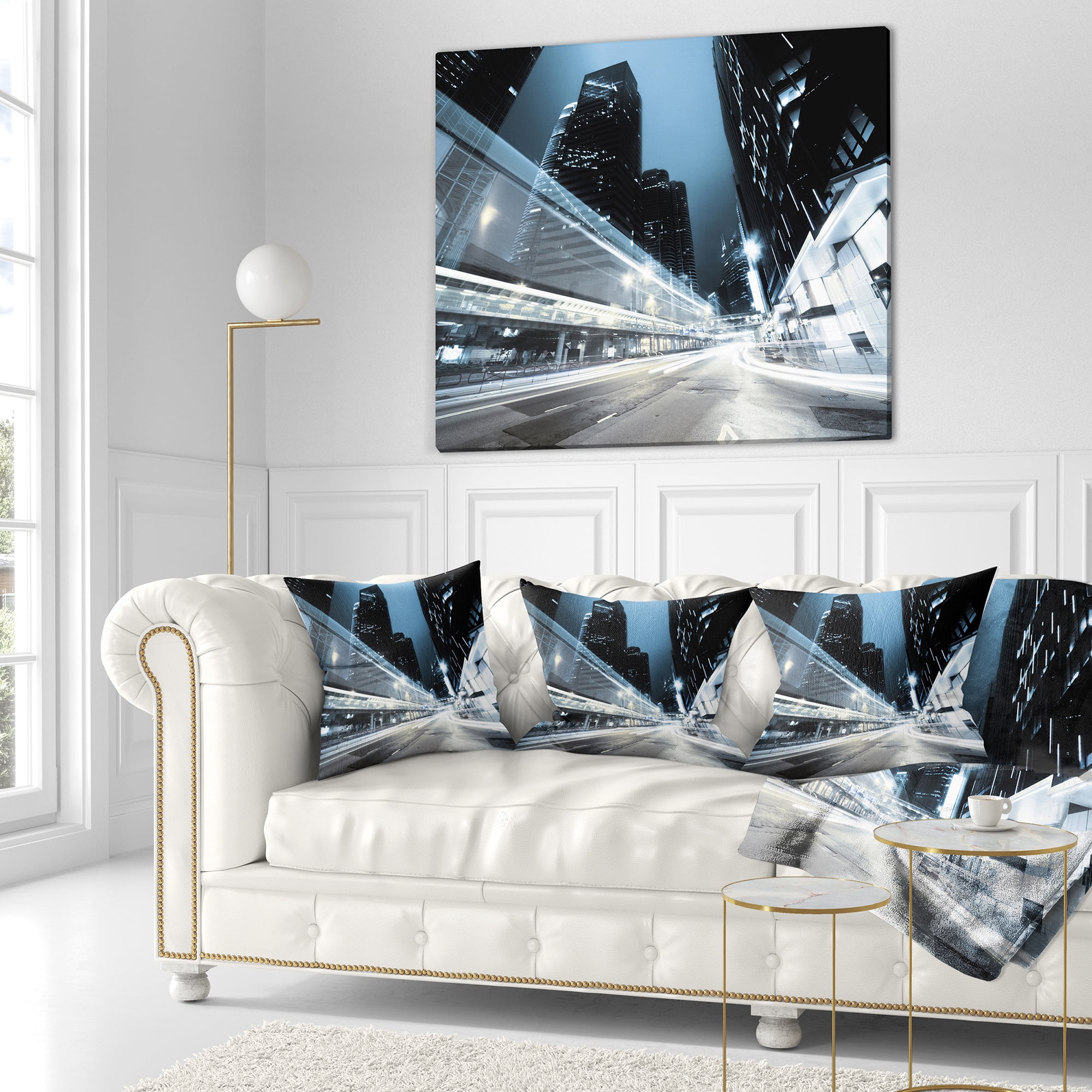 Designart Night Traffic in Hong Kong - Cityscape Throw Pillow - 18x18
