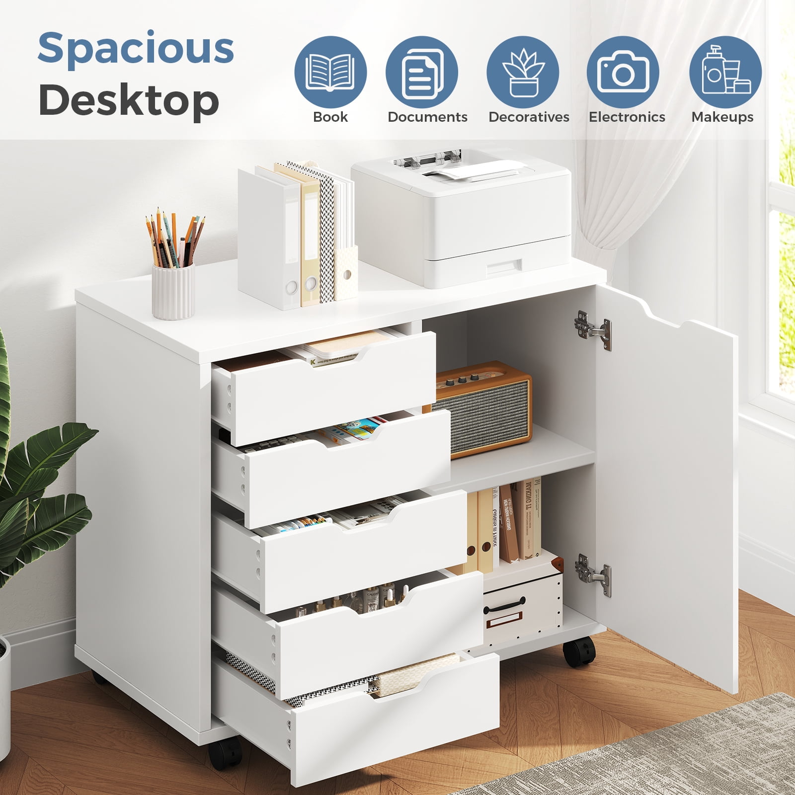 Gianna 5-Drawer Wood File Cabinet, Mobile Printer Stand with Adjustable Shelf & Wheels, Storage Shelves for Home Office