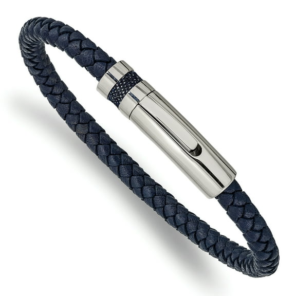 Primal Steel Stainless Steel Polished Blue Leather 8.25 Inch Bracelet