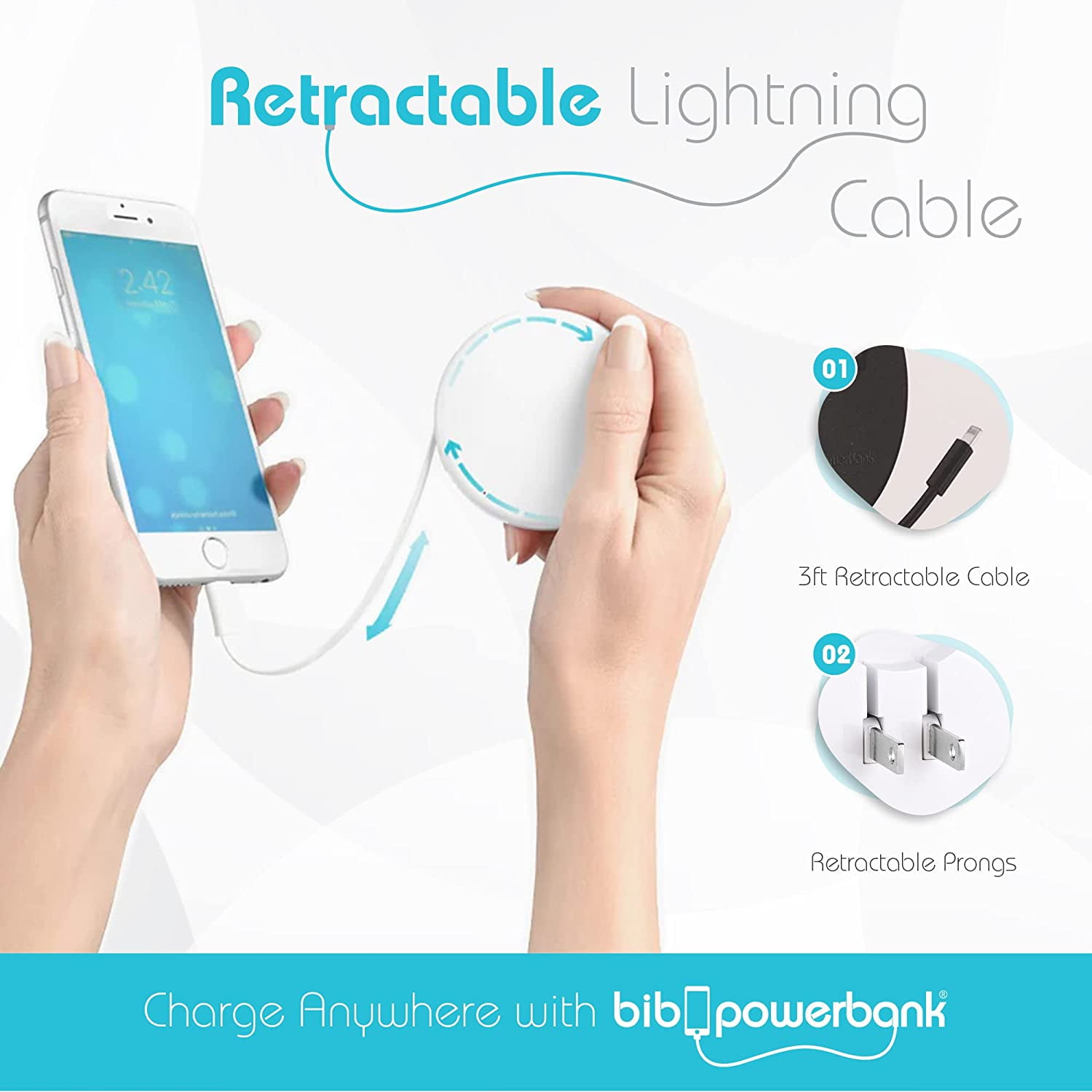 Bibicord 3-in-1 Retractable Lightning Cable, Wall Charger & Power Bank, Compatible with iPhone 14/13/12 (Mint Julep)