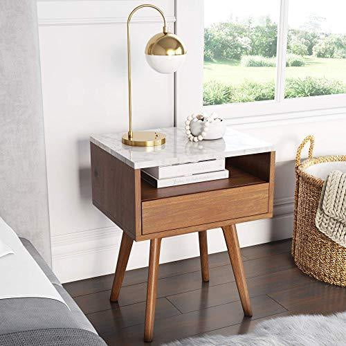 Nathan James 90101 Mid-Century James Faux White Marble Accent Side or End Table with Walnut Finish and Marble Tabletop with Storage, White/Brown