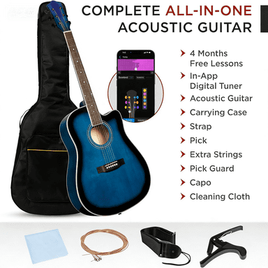 HarmonyStrings 41in Beginner Acoustic Guitar Full Size All Wood Cutaway Guitar Starter Set w/Case, Strap, Capo, Strings Blue