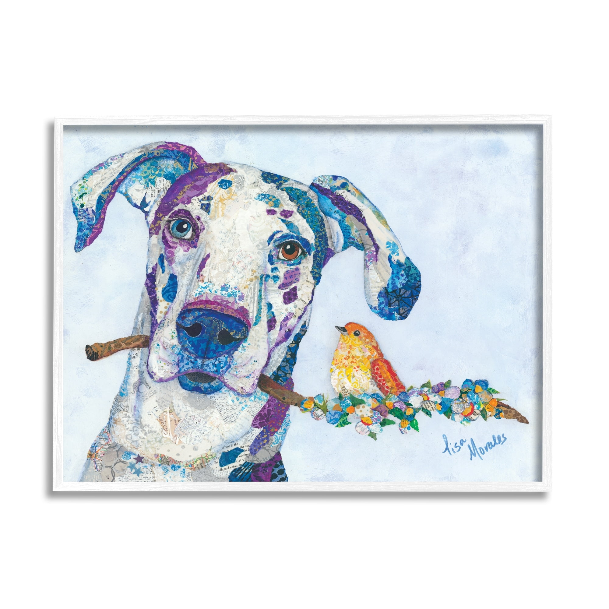 Stupell Industries Dane & Songbird Perched Branch Floral Dog Collage Painting White Framed Art Print Wall Art, Design by Lisa Morales