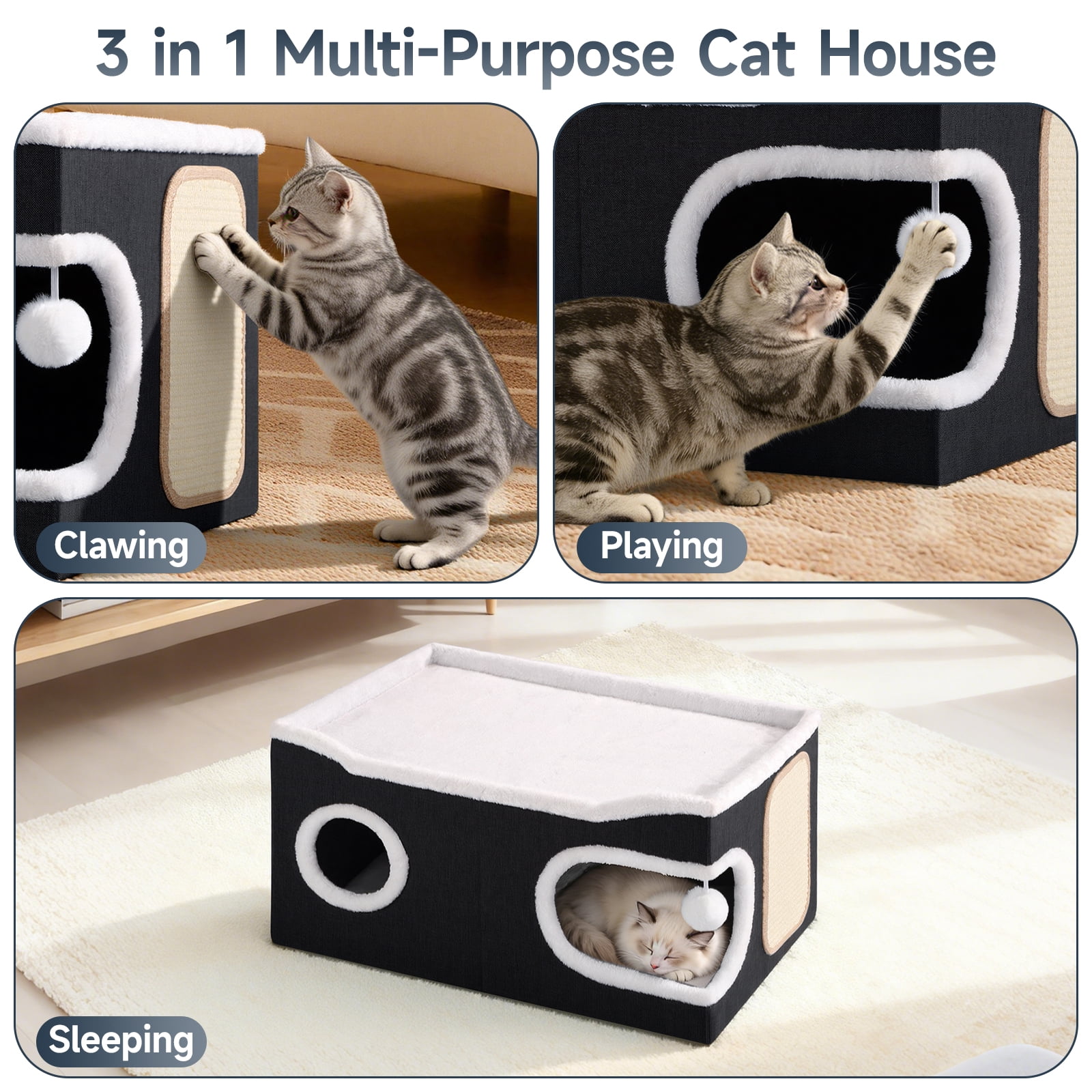 Cat Beds for Indoor Cats, Extra Wide Large Cat House for Pet Cat Cave with Scratch Pad and Fluffy Hanging Ball,Foldable Cat Cube Hideaway,Black