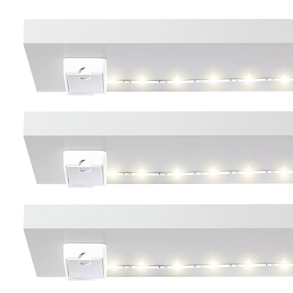 Luminoodle Click 3-Pk , Warm White 1 meter Battery Powered Tap Light Strip for Closet, Pantry, LED Shelf Lighting, Wireless Stick Anywhere Adhesive String Push Light, Warm White (2700K)