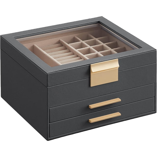 SONGMICS Caja de Joyas, Caja Joyero de 3 Niveles, Estuche de Joyería, con 2 Cajones, Tapa de Cristal, Amplio Espacio, Gris Interestelar y Dorado