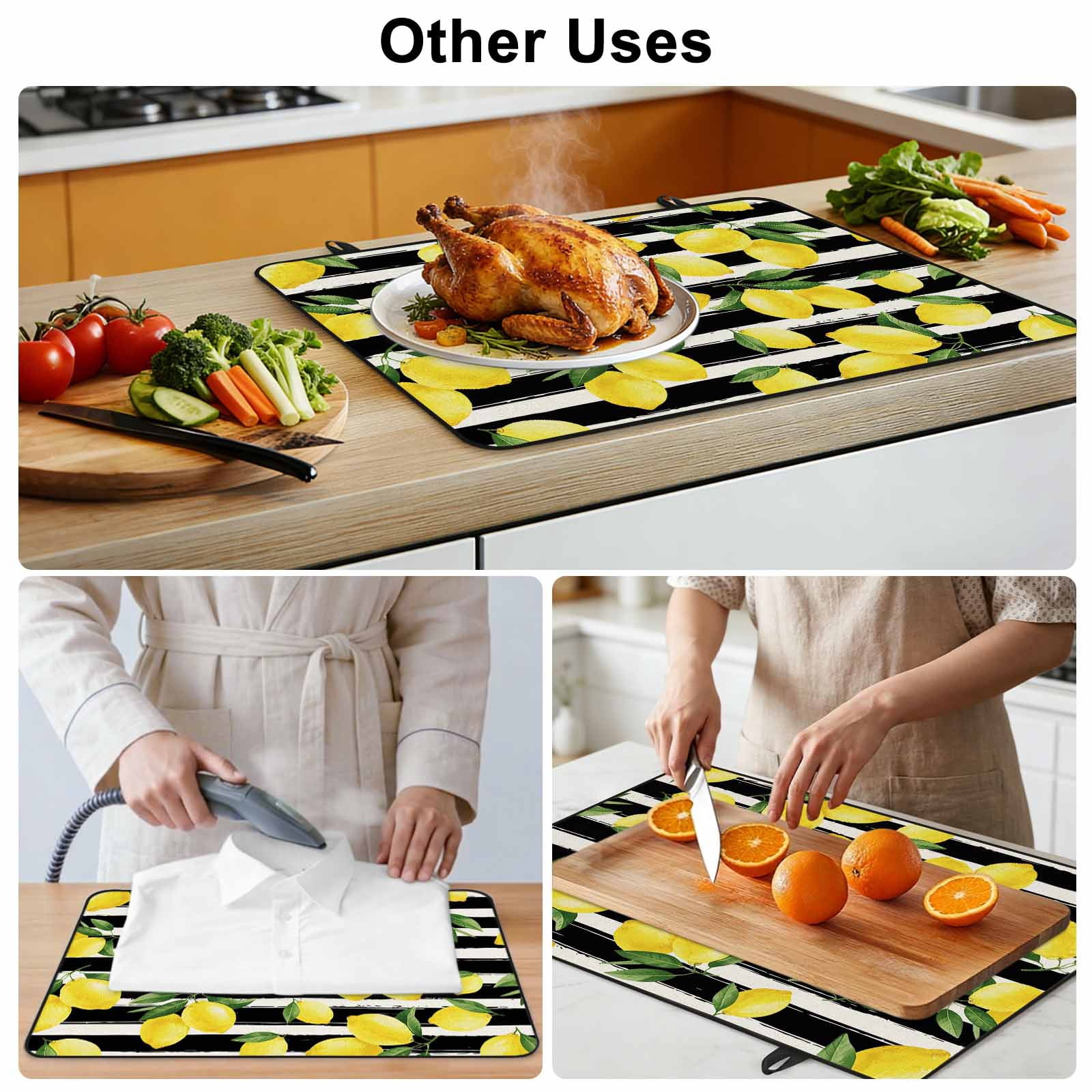 Yellow Lemons Stove Top Cover for Electric Stove, Heat-proof & Non Slip Glass Top Stove Cover Protector, Summer Citrus Fruits Leaves Black Stripes Kitchen Flat Cooktop Rubber Mat 24x21 Inches