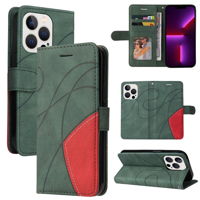 Compatible iPhone 14 Pro Max Case, Leather Wallet Case Stand View Magnetic Clasp Book Flip Folio Phone Cover - Green