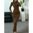thumbnail image 6 of Women'S Fall Long Sleeve Bodycon Maxi Dresses Ruched Crew Neck Slim Fit Cocktail Party Dress Coffee Color L, 6 of 7