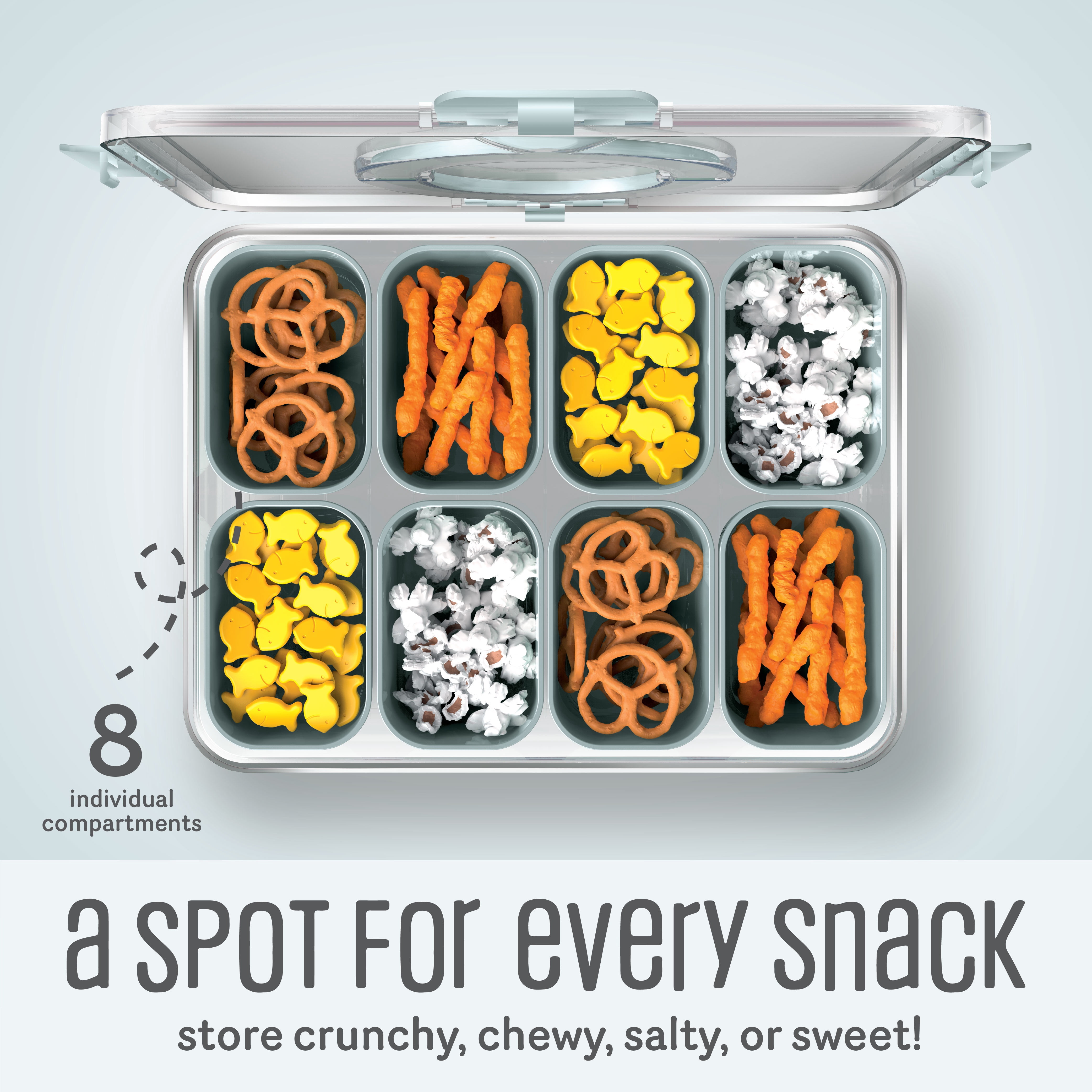 Cook With Color 8-Compartment Snackle Box Food Storage Carrier and Charcuterie Container, Divided Serving Tray with Lids and Handle, Gray, Portable and Dishwasher Safe