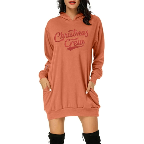 Christmas Dresses for Women Christmas Party Outfit Ladies' Autumn And Winter Fashion Casual Christmas Printed Long Sleeved Hooded Sweatshirt Pocket Hooded Sweatshirt Pullover Dress Sweatshirt