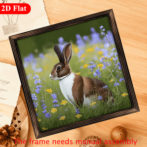 A 12*12-inch wooden framed painting - a scene of flower clusters and rabbit shadows on the lively grassland. It can be used as a home decoration item or a wonderful gift.