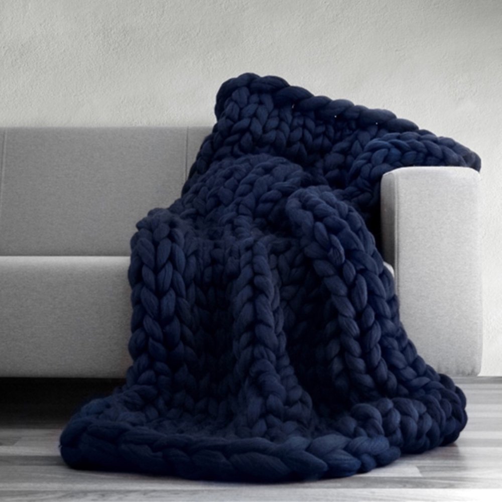47" x 59" Hand Chunky Knit Blanket, Thick Yarn Bulky Bed Spread Throw
