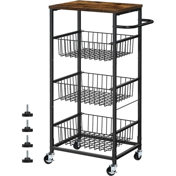 Kitchen Storage Cart on Wheels 4 Tier Utility Rolling Cart with Baskets Farmhouse Serving Cart with Handle Mesh Basket Pantry Cart Rack with Wooden Tabletop for Pantry Bathroom Office, Brown
