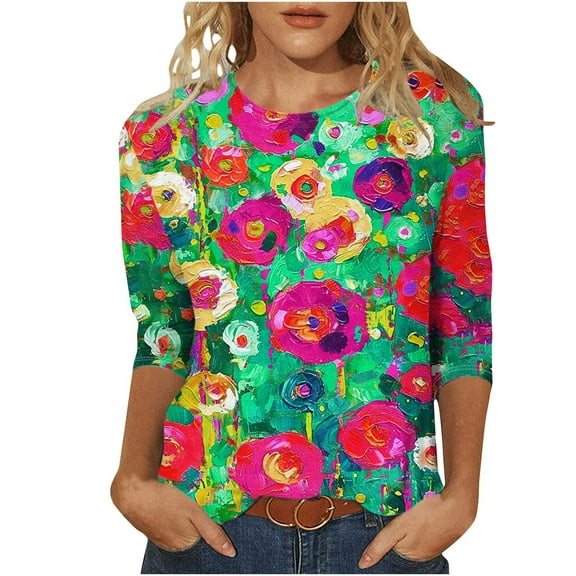 YanHoo Women 3/4 Sleeve Blouse 3/4 Length Sleeve Womens Crewneck Tops Graphic 3/4 Sleeve Tops for Women Ladies Tops and Blouses 3/4 Sleeve 2026 Fall Savings Winter