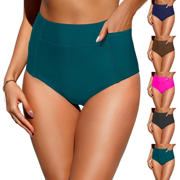Women's Swimsuit Bottoms High Waist Vintage Basic Full Coverage Bikini Briefs with Pockets for Beach Pool,Black,L