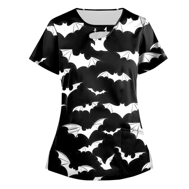 Womens Tops Stretchy Fashion Halloween Printed Work With Pocket T-Shirt Short Sleeve Top