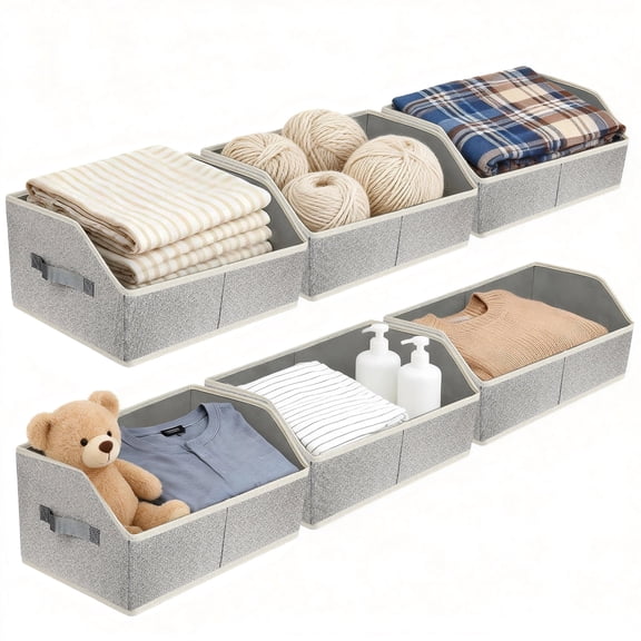 TAIMASI 6 Pack Closet Organizers Bins, Large Trapezoid Closet Shelf Organizer with Handles, Fabric Storage Bins, Collapsible Storage Cubes for Clothes, Towels - Light Gray