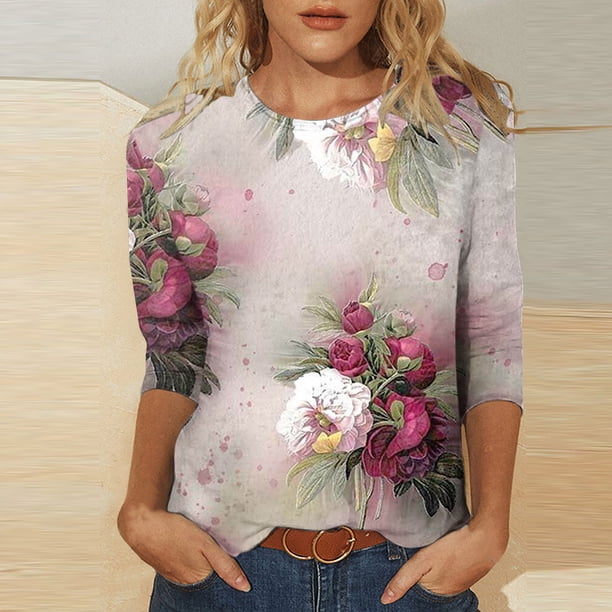 ICHUANYI Clearance Women's Fashion Printed Loose T-shirt 3/4 Sleeves Blouse Round Neck Casual Tops(Hot Pink, S) ICHUANYI WER2023081015333