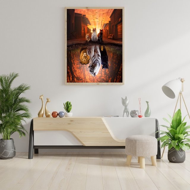 Cuadros Decorativos Kit de pintura de diamantes, reflejo de gato, imagen de pared de diamantes de imitación redonda completa Sywqhk Nuevos Originales