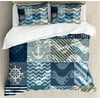 Nautical Duvet Cover Set, Marine Theme Wave Patterns In Patchwork Style Boxes Squares Striped Anchor Print, Decorative 3 Piece Bedding Set With 2 Pillow Shams, California King, Blue Beige