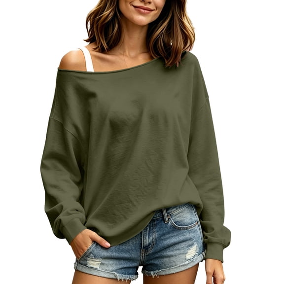 Vivianyo HD Women's Long Sleeve Off Shoulder Sweatshirt, Drop Shoulder Solid Loose Casual Spring Fall Lightweight Pullover Tops for Women, Women's Army Green, Sizes S-3XL
