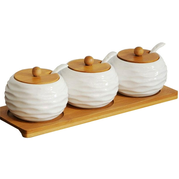 Porcelain Condiment Jar Spice Container with Lids - Bamboo Cap Holder Spot,  Ceramic Serving Spoon, Wooden Tray Best Pottery Cruet Pot for Your Home