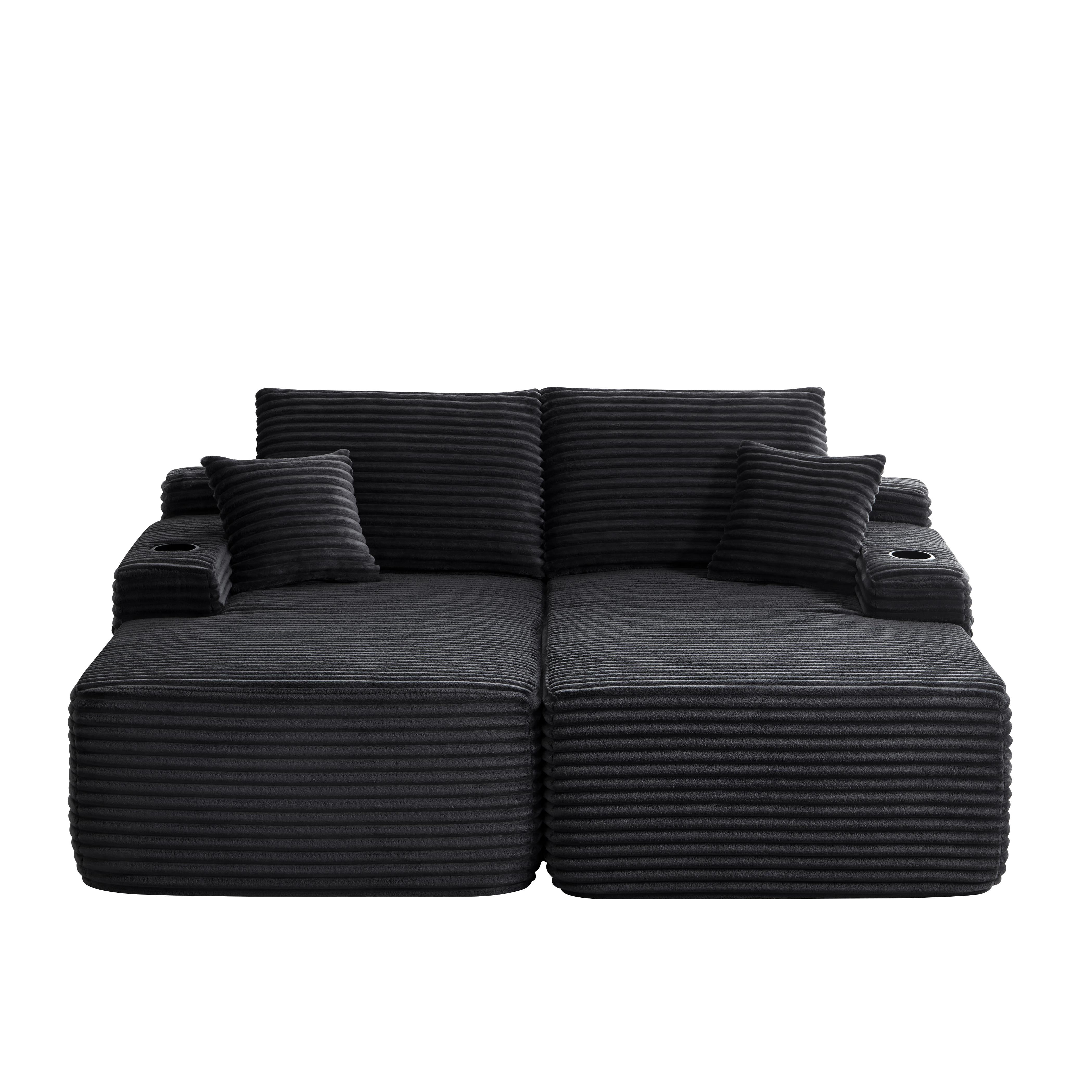 Modular Double Chaise Lounge Chair Indoor, 69" Wide Striped Corduroy Couch Set with Cup Holders & Storage Pockets for Living Room Home Theater, Black